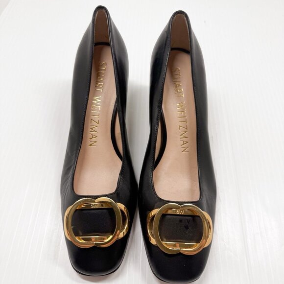 Stuart Weitzman Anicia 60 Black Leather Pumps Gold Buckle Size 5.5 Block Heel - Picture 3 of 13